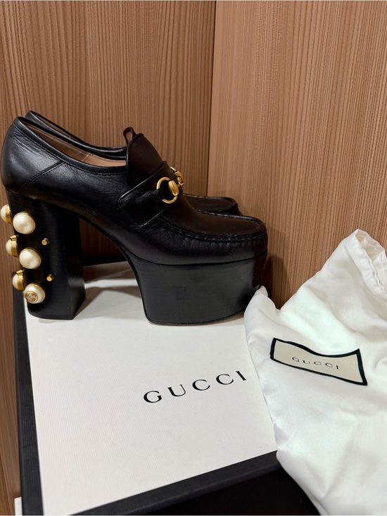 Gucci Shoes - Gucci Marmont Horsebit Pearl Heel Platform Loafers Pumps Black Leather 38